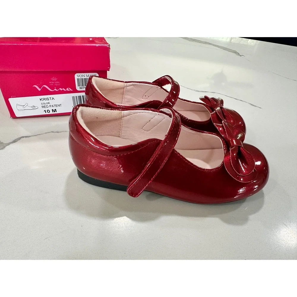 Nina Krista Girls Red Patent Mary Jane Dress Shoes Bow Size 10M Holiday Wedding